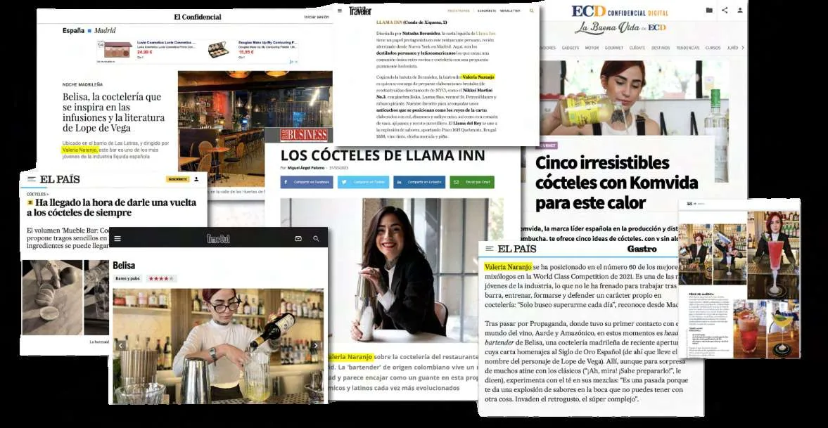 Collage de recortes de prensa sobre Valeria Naranjo: El País, El Confidencial, Traveler, ECD y Time Out